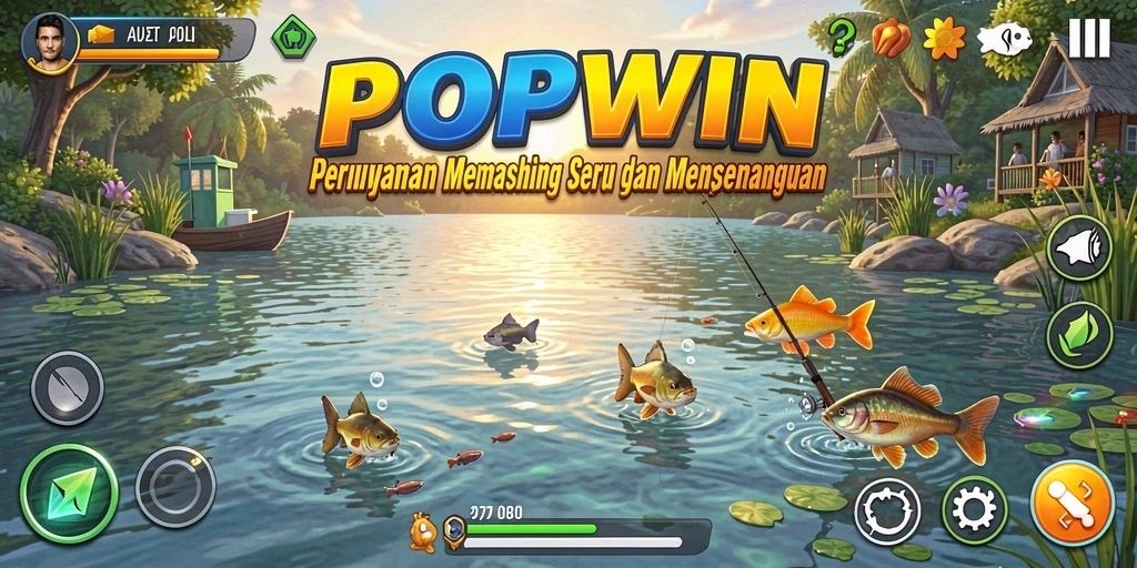 Tangkapan layar gameplay POPWIN yang menunjukkan aksi memancing seru.